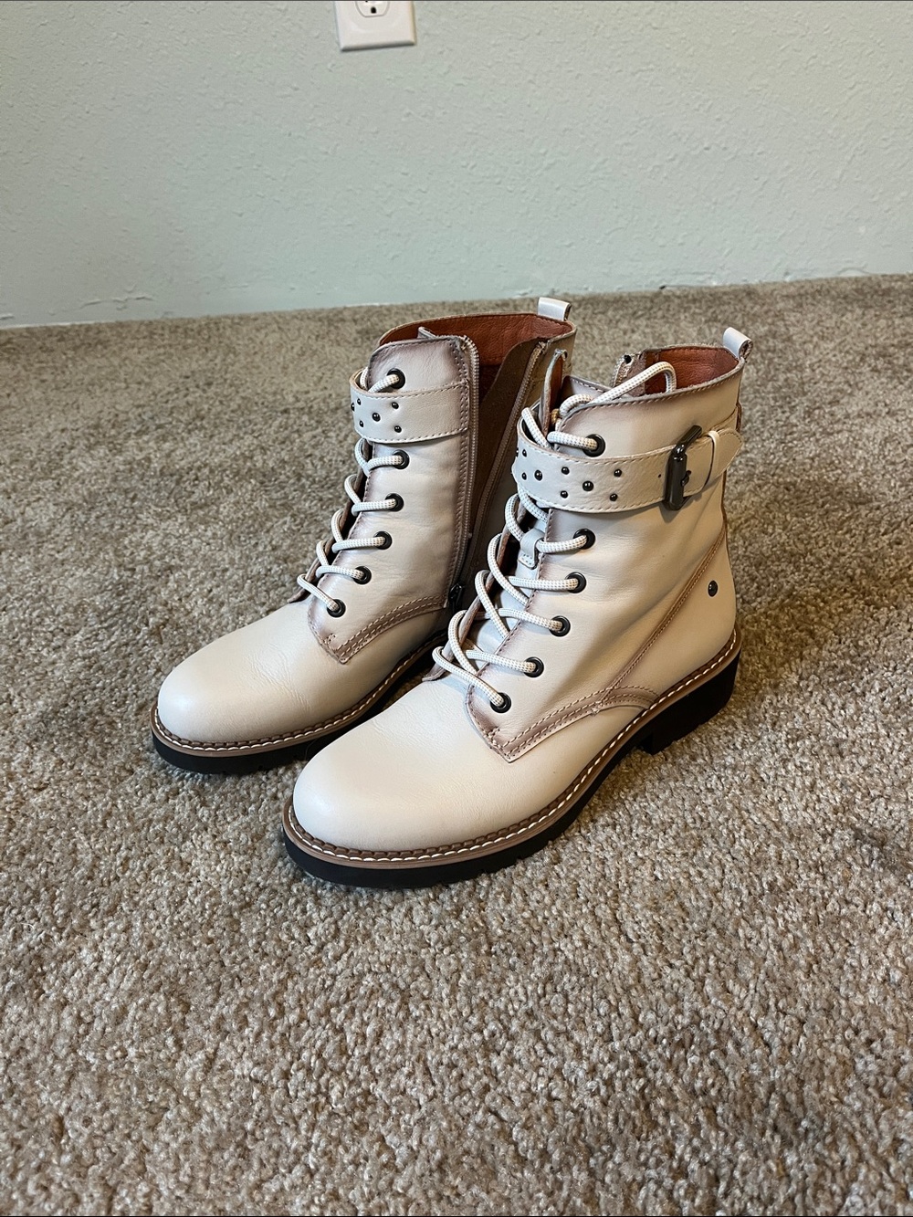Women's Cream Lace-Up Combat Boots with Buckle Accent